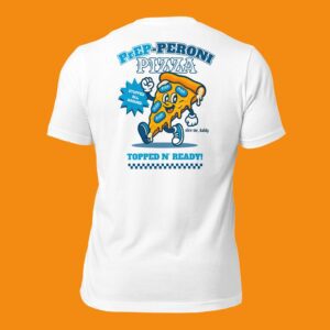 Funny gay t-shirt with cartoon pizza slice covered in PrEP pills and playful queer phrases
